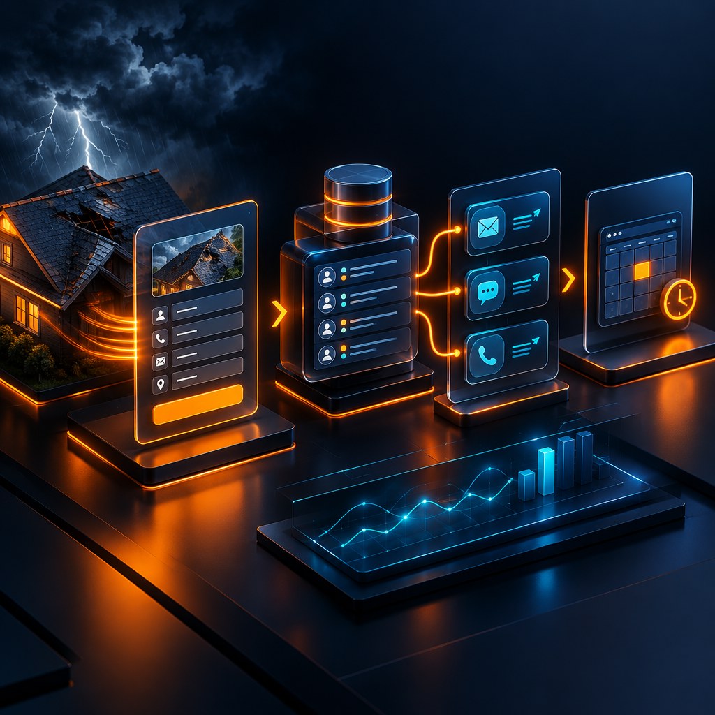 3D abstract conversion system visual for a roofing CRM and paid acquisition case study